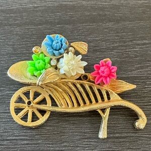 Vintage Signed Flowers Wheelbarrow Brooch